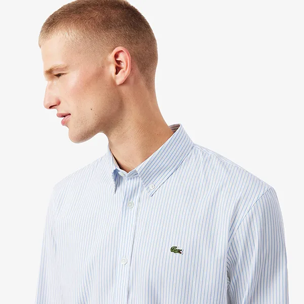 Áo Sơ Mi Dài Tay Nam Lacoste Regular Fit Striped Pinpoint Shirt CH5084 - 737 Màu Xanh Green/Trắng Size 37