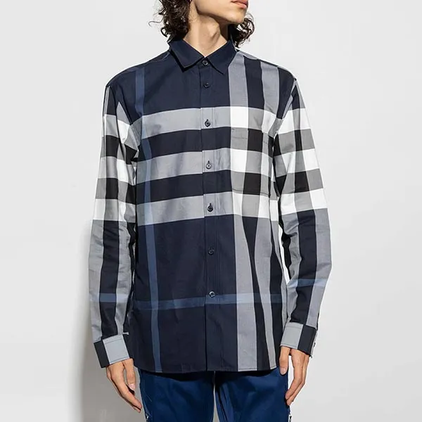 Áo Sơ Mi Nam Burberry Check-Print Long-Sleeve Cotton Shirt 8071536 Màu Xanh Xám Size M