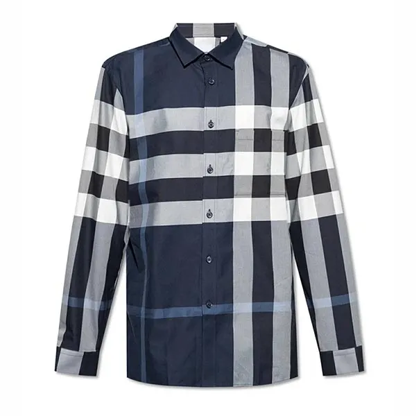 Áo Sơ Mi Nam Burberry Check-Print Long-Sleeve Cotton Shirt 8071536 Màu Xanh Xám Size M