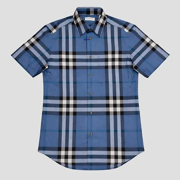 Áo Sơ Mi Nam Burberry Checked Cotton Short-Sleeved In Linen Blue 81117771 Màu Xanh Blue Size XS