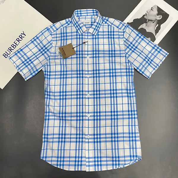 Áo Sơ Mi Nam Burberry Sky Blue Plaid Short-sleeve Shirt 8084693 Màu Xanh Phối Trắng Size XS