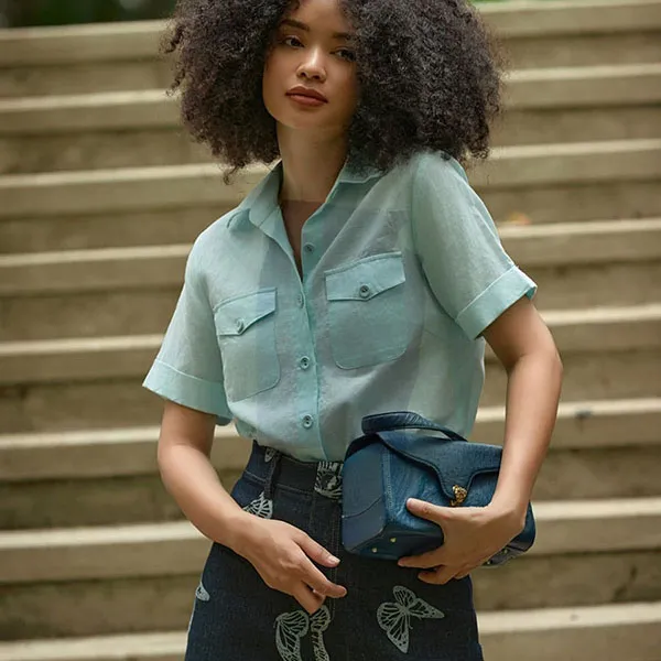 Áo Sơ Mi Nữ F2 Fashion & Freedom Linen Becoming Unveil SMW474-XN-S-0721 Màu Xanh Nhạt Size S