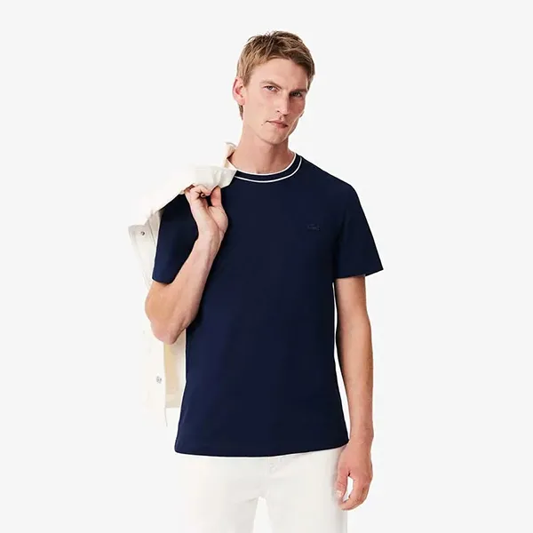 Áo Thun Nam Lacoste Men's Piqué Striped Collar Stretch T-Shirt TH1004 - 166 Màu Xanh Navy Size 4