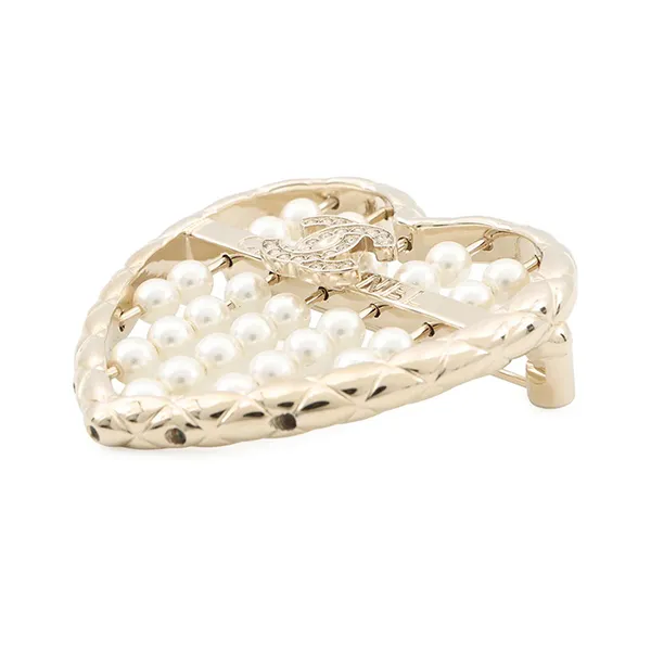 Cài Áo Nữ Chanel Heart Brooch Gold Plated Faux Pearl Rhinestone ABG046 Màu Trắng