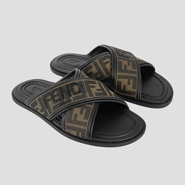 Dép Nam Fendi FF Jacquard Fabric Sandal With Embroidered Logo 7X1548 AJZEF0R7R Màu Đen Size 6