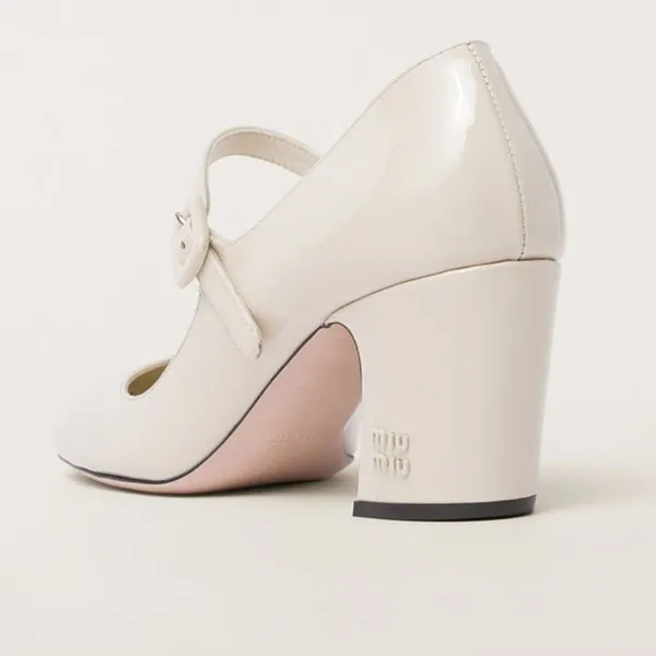 Giày Cao Gót Miu Miu Patent Leather Mary Janes Pumps 5I978D_069_F0304_F_065 Màu Kem Size 35.5