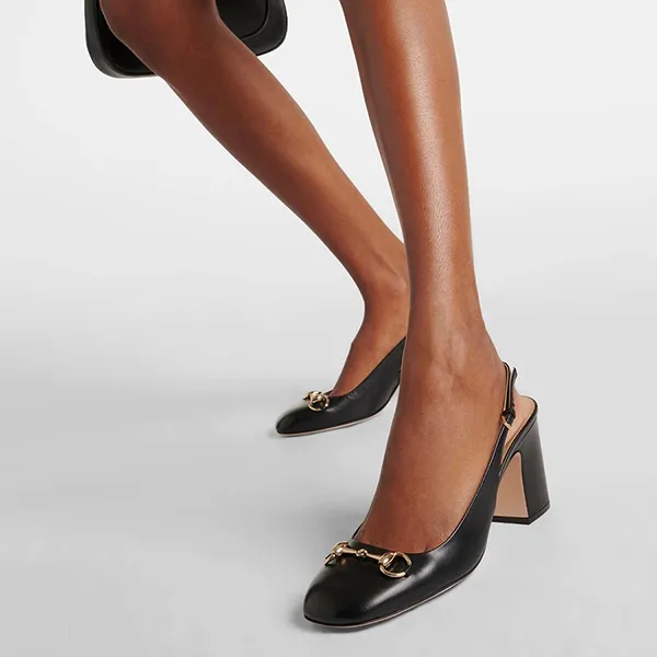 Giày Cao Gót Nữ Gucci Horsebit Slingback Pumps 794324 Màu Đen Size 36.5