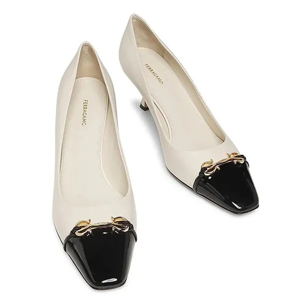 Giày Cao Gót Nữ Salvatore Ferragamo Bria Patent Leather Pumps Women Màu Trắng Ngà Size 35.5