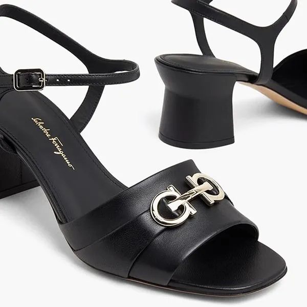 Giày Cao Gót Nữ Salvatore Ferragamo Double Gancini Sandals Gót 6cm Màu Đen Size 5.5