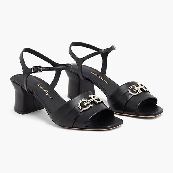 Giày Cao Gót Nữ Salvatore Ferragamo Double Gancini Sandals Gót 6cm Màu Đen Size 5.5