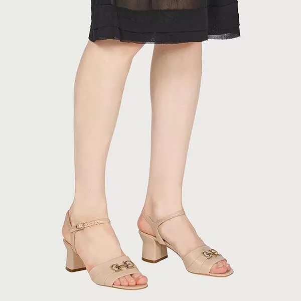 Giày Cao Gót Nữ Salvatore Ferragamo Sandal With Gancini Ornament 01E490 757839 Gót 6cm Màu Nude Size 5