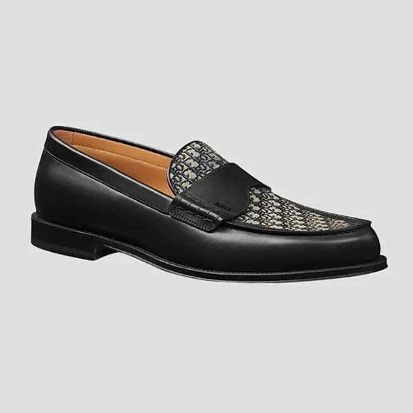 Giày Lười Nam Dior Granville Leather With Dior Oblique Canvas Motif 3LO146ZAQ 961 Loafer Màu Đen Size 41