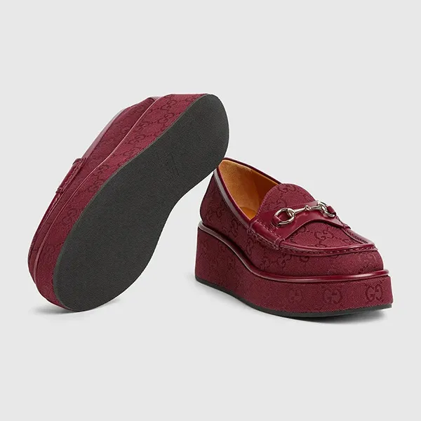 Giày Lười Nữ Gucci Women’s Horsebit GG Canvas Platform Loafers Màu Đỏ Size 36