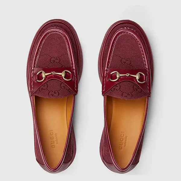 Giày Lười Nữ Gucci Women’s Horsebit GG Canvas Platform Loafers Màu Đỏ Size 36