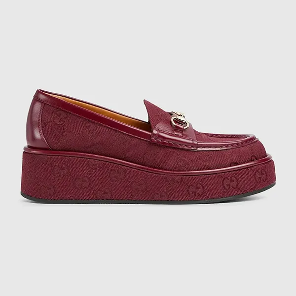 Giày Lười Nữ Gucci Women’s Horsebit GG Canvas Platform Loafers Màu Đỏ Size 36