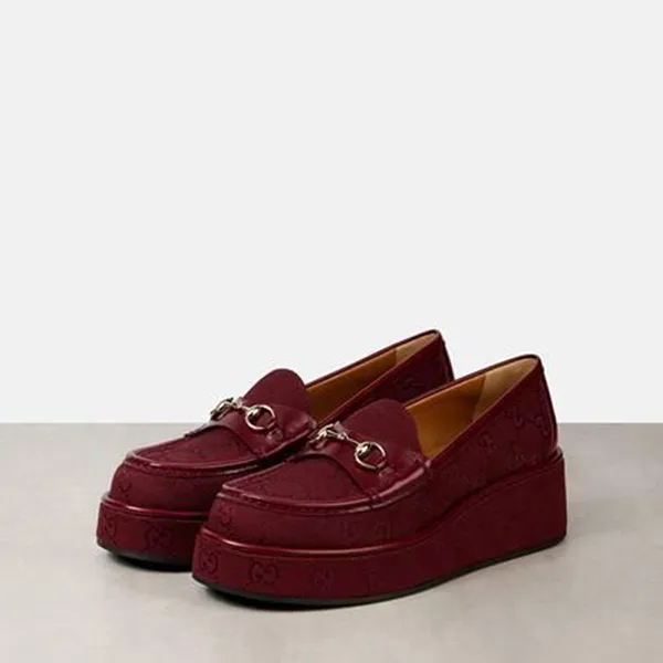 Giày Lười Nữ Gucci Women’s Horsebit GG Canvas Platform Loafers Màu Đỏ Size 36