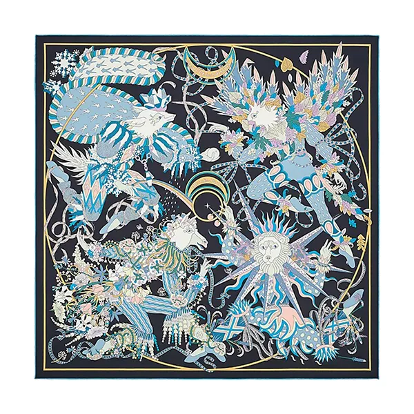 Khăn Lụa Nữ Hermès Le Sacre Des Saisons Scarf 90 Bleu Noir / Ciel / Rose Màu Xanh Đen