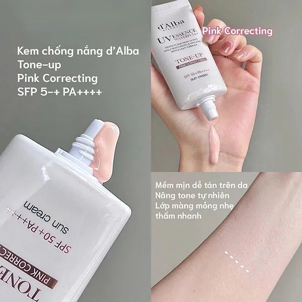 Kem Chống Nắng Nâng Tone Tự Nhiên D'alba Waterfull Tone-Up Pink Correcting Sun Cream SPF50+ Pa++++ 50ml