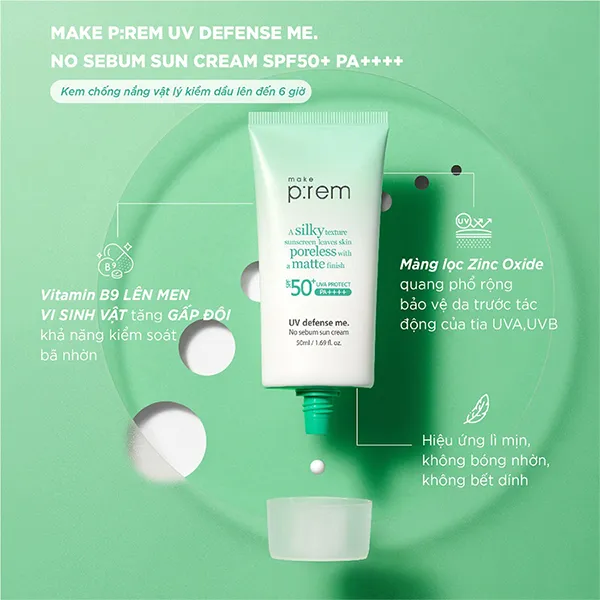 Kem Chống Nắng Vật Lý Nâng Tone Trắng Sáng Make P:rem UV Defense Me No Sebum Sun Cream SPF50+/PA++++ 50ml