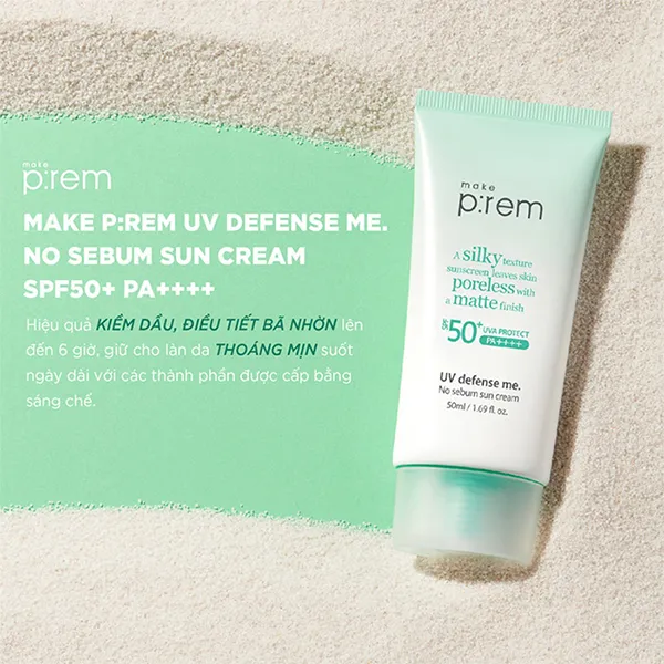Kem Chống Nắng Vật Lý Nâng Tone Trắng Sáng Make P:rem UV Defense Me No Sebum Sun Cream SPF50+/PA++++ 50ml