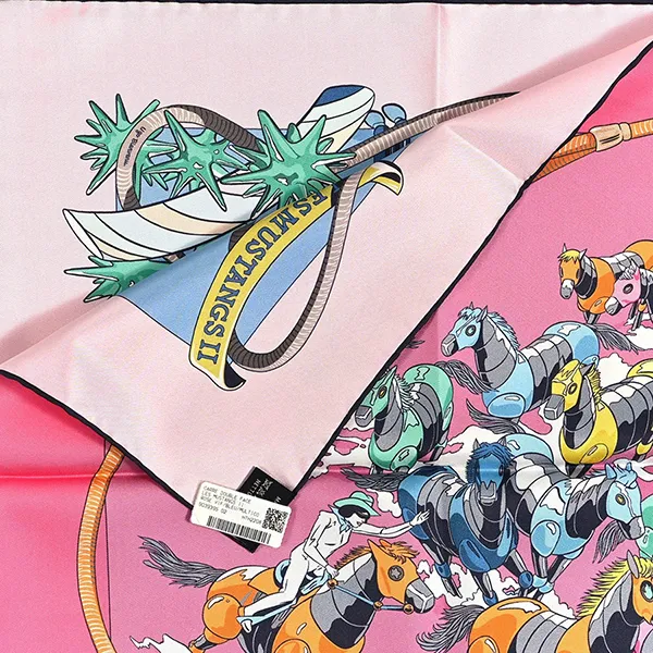 Khăn Lụa Nữ Hermès Silk Les Mustangs Double Face Scarf 90 Rose Vif Bleu Multicolor Màu Hồng/Xanh