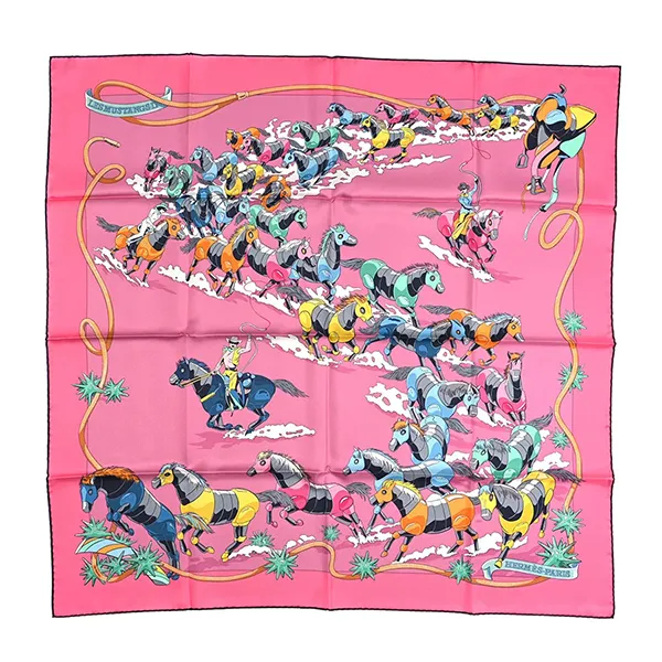 Khăn Lụa Nữ Hermès Silk Les Mustangs Double Face Scarf 90 Rose Vif Bleu Multicolor Màu Hồng/Xanh