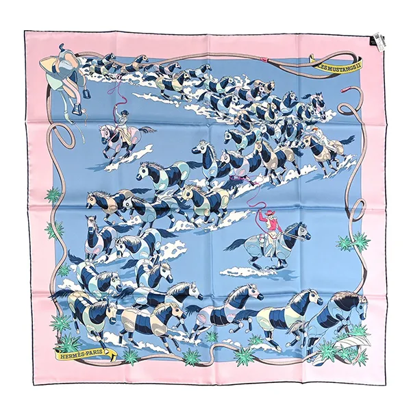 Khăn Lụa Nữ Hermès Silk Les Mustangs Double Face Scarf 90 Rose Vif Bleu Multicolor Màu Hồng/Xanh