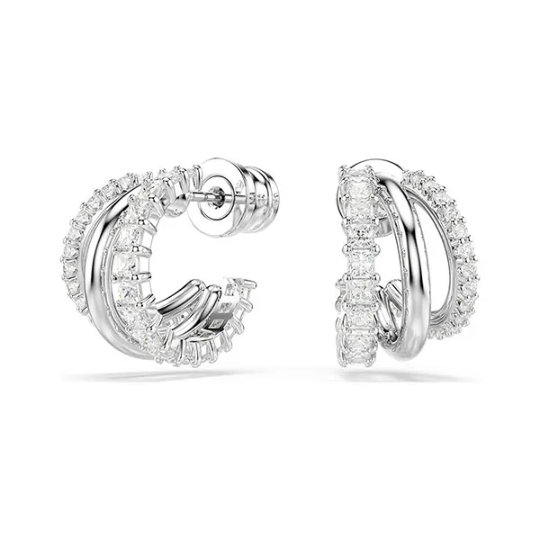 Khuyên Tai Nữ Swarovski Hyperbola Hoop Earrings Round Cut, Mini, White, Rhodium Plated 5737110 Màu Bạc