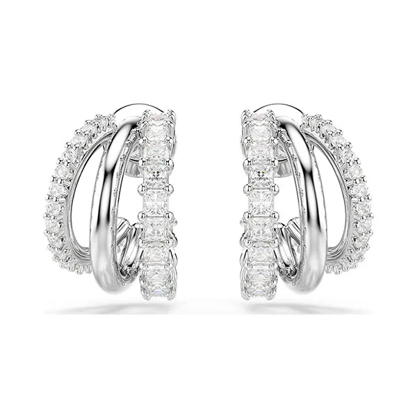 Khuyên Tai Nữ Swarovski Hyperbola Hoop Earrings Round Cut, Mini, White, Rhodium Plated 5737110 Màu Bạc