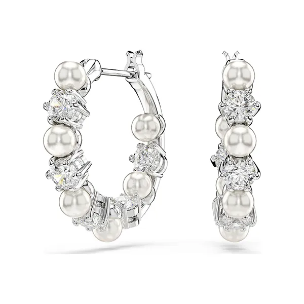 Khuyên Tai Nữ Swarovski Matrix Hoop Earrings Crystal Pearl, Round Cut, White, Rhodium Plated 5709256 Màu Bạc
