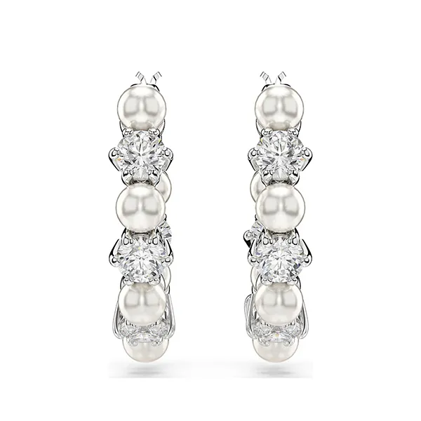 Khuyên Tai Nữ Swarovski Matrix Hoop Earrings Crystal Pearl, Round Cut, White, Rhodium Plated 5709256 Màu Bạc