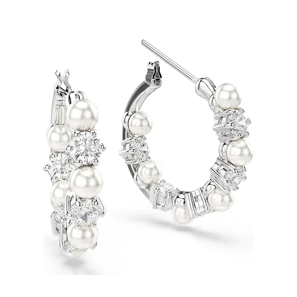 Khuyên Tai Nữ Swarovski Matrix Hoop Earrings Crystal Pearl, Round Cut, White, Rhodium Plated 5709256 Màu Bạc