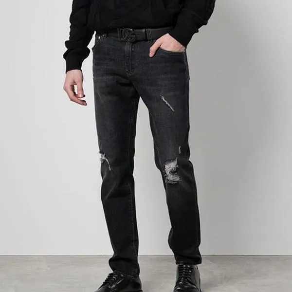 Quần Jean Nam Dolce & Gabbana D&G Wash Rách 2 Đùi Slim GY07CD G8KK2 Màu Đen Size 50