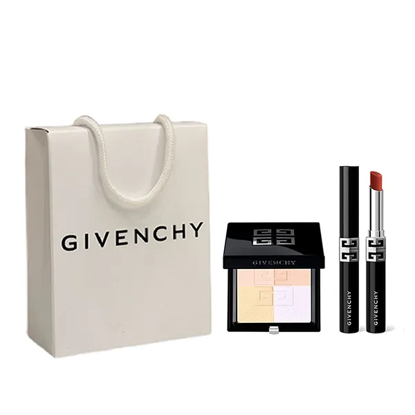 Set Trang Điểm Givenchy 3 Món (Phấn Phủ Nén N02 Satin Blanc + Son Givenchy Le Rouge Velvet R12 Scarlet Mesh Đỏ Cam Gạch + Túi Giấy)