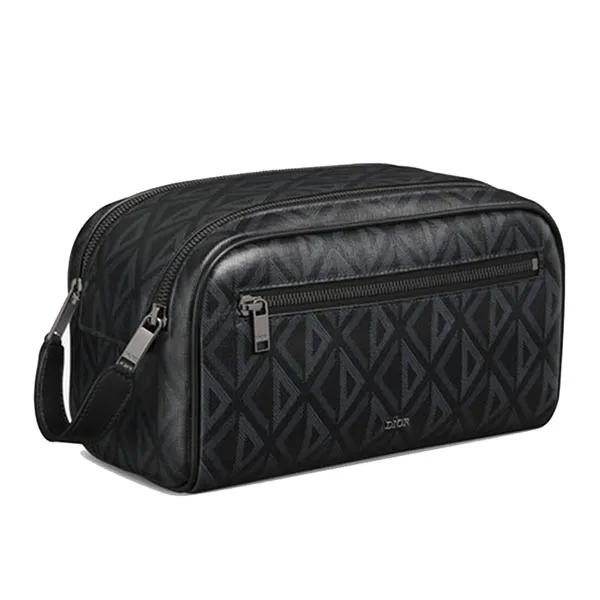Túi Cầm Tay Nam Dior Canvas With Calfskin Toiletry Bag Men's Black Màu Đen