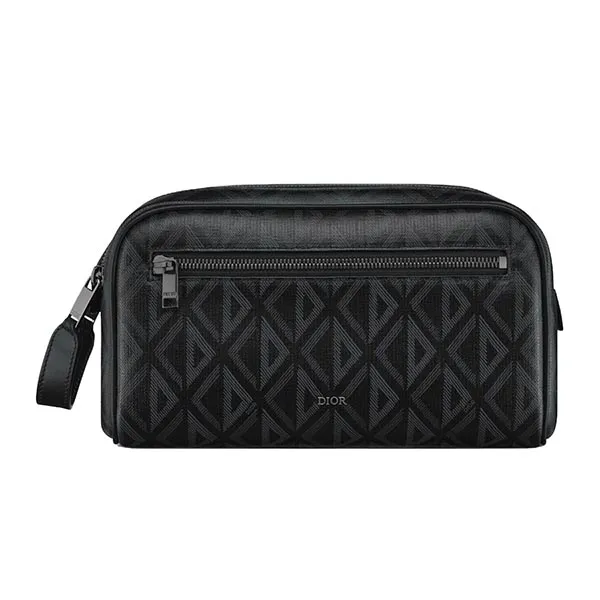 Túi Cầm Tay Nam Dior Canvas With Calfskin Toiletry Bag Men's Black Màu Đen