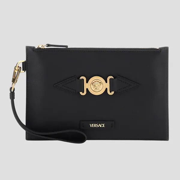 Túi Cầm Tay Nam Versace Clutch Medusa Biggie Leather 'Black' Gold Logo 1006240 1A03190 Màu Đen