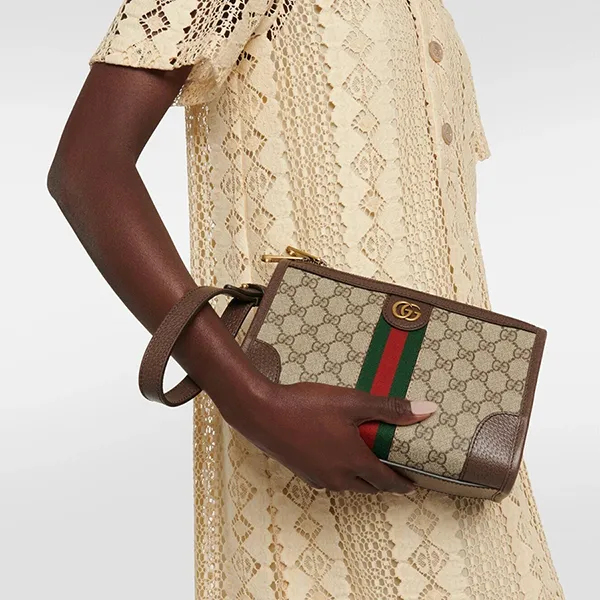 Túi Cầm Tay Nữ Gucci Ophidia GG Small Clutch Màu Nâu