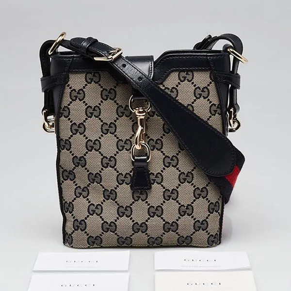Túi Đeo Chéo Nữ Gucci GG Canvas/Leather Jackie Small Bucket Crossbody Bag Màu Be Đen