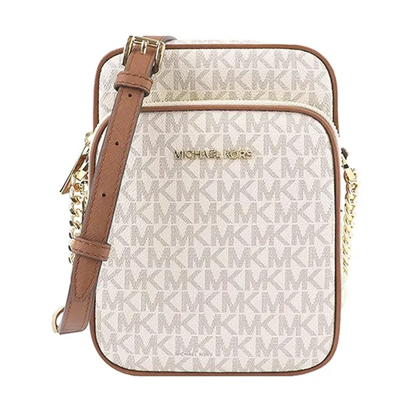 Túi Đeo Chéo Nữ Michael Kors MK Jet Set Travel Medium Logo Crossbody Bag 35F1GTVC2B Màu Trắng Nâu