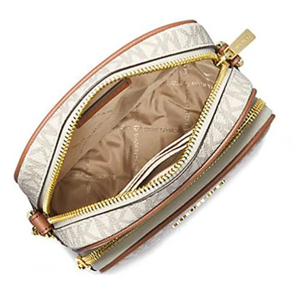 Túi Đeo Chéo Nữ Michael Kors MK Jet Set Travel Medium Logo Crossbody Bag 35F1GTVC2B Màu Trắng Nâu