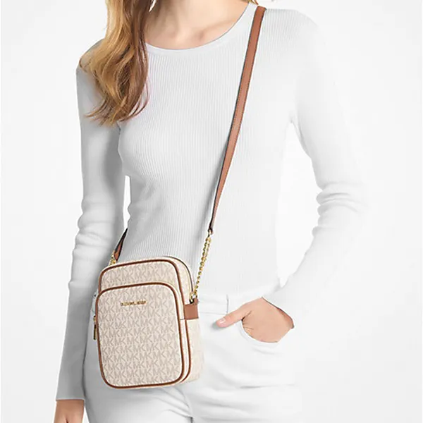 Túi Đeo Chéo Nữ Michael Kors MK Jet Set Travel Medium Logo Crossbody Bag 35F1GTVC2B Màu Trắng Nâu