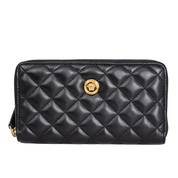 Ví Versace Zip Around Wallet Quilted Lamb Leather Black Màu Đen