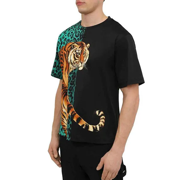 Áo Phông Nam Dolce & Gabbana D&G T-Shirt Oversize Con Stampa Leopardo E Tigre Verde E Nero Màu Đen Xanh Size 44