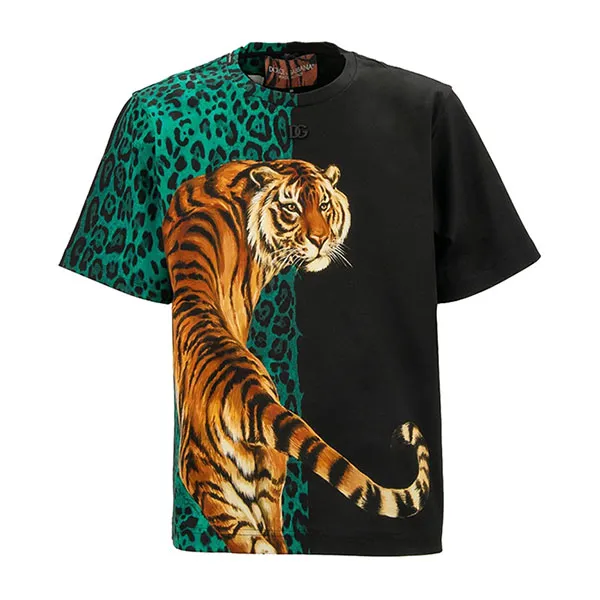 Áo Phông Nam Dolce & Gabbana D&G T-Shirt Oversize Con Stampa Leopardo E Tigre Verde E Nero Màu Đen Xanh Size 44