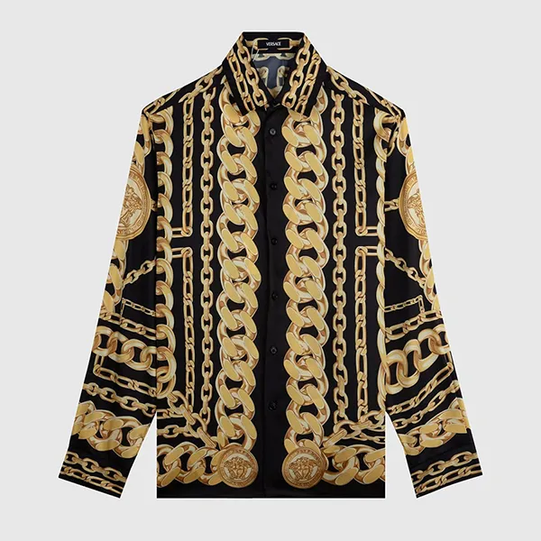 Áo Sơ Mi Nam Versace Chain Pinstripe Cotton Poplin In Black 1008274 1A17431 5B000 Màu Vàng Đen Size 44