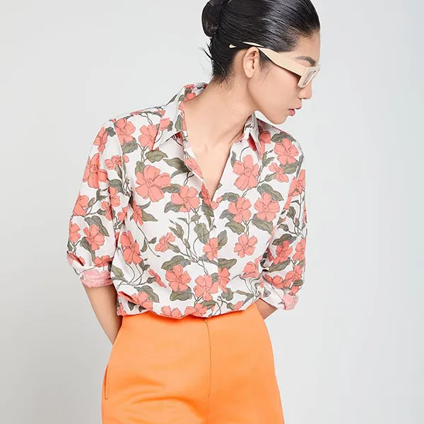 Áo Sơ Mi Nữ F2 Fashion & Freedom A Touch Of Effortless Elegance Màu Xanh Phối Cam Size S