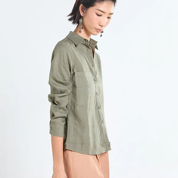 Áo Sơ Mi Nữ F2 Fashion & Freedom Women's Dark Moss Green Tender Drit Linen Shirt SMW616-REU DAM-S-0324 Màu Xanh Rêu Đậm Size S
