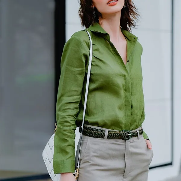 Áo Sơ Mi Nữ F2 Fashion & Freedom Women's Linen Shirt In Military Green Summer Fragrance SMW360-XRL-S-0422 Màu Xanh Rêu Size S
