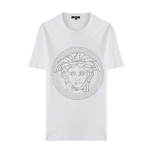 Áo Thun Versace White & Silver Studded Medusa Cotton T-Shirt 1010069 1A14054 2W210 Màu Trắng Size 38